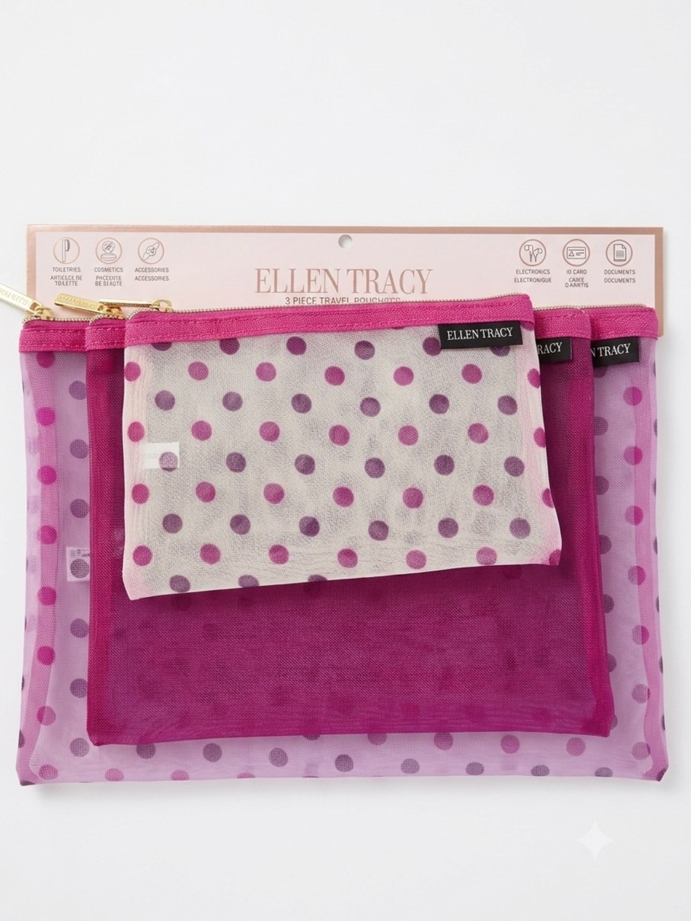 Ellen Tracy Pink and Magenta Polka Dot 3-Piece Pouch Set Travel Bags packing set